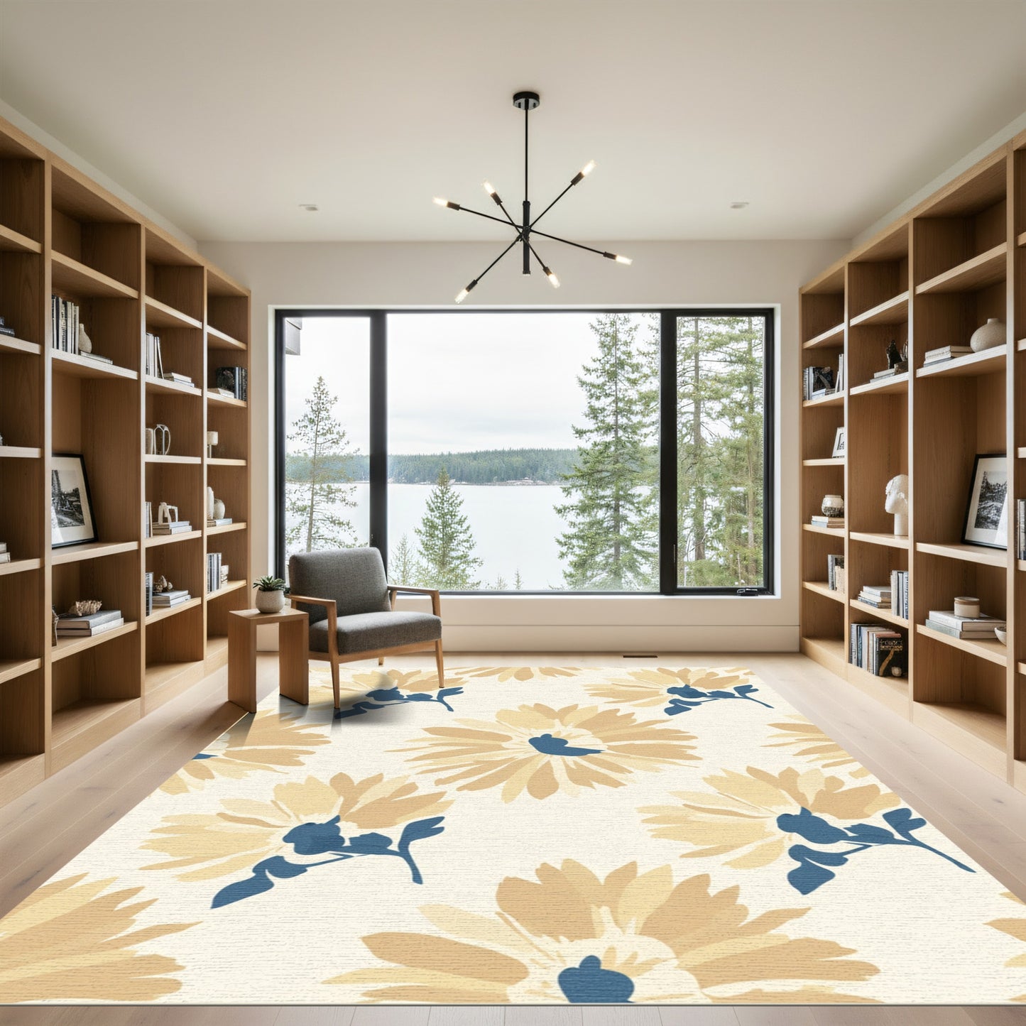Soft Ochre Daisy Blossom Blue Leaf Rug