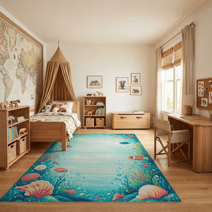 Whimsical Teal Coral Fish Reef Rug