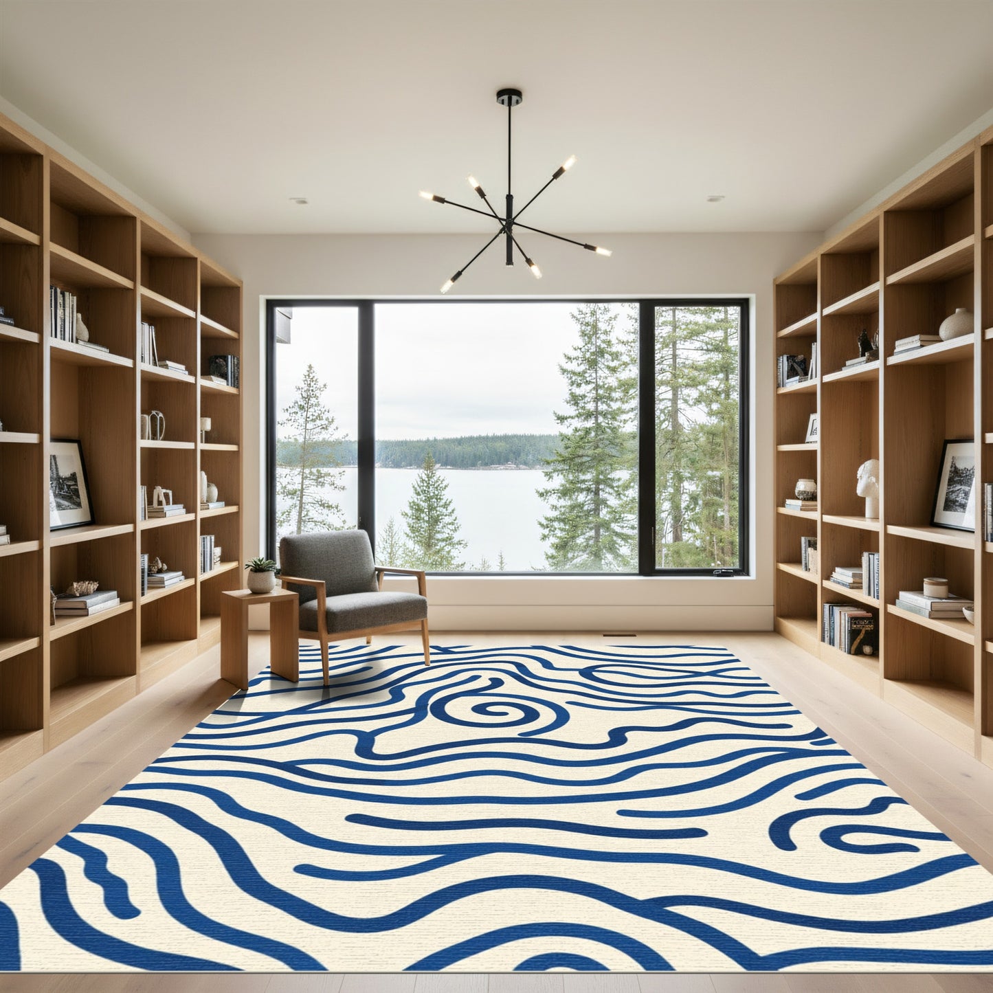 Deep Blue Wavy Line Abstract Rug