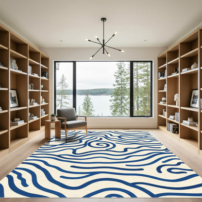 Deep Blue Wavy Line Abstract Rug