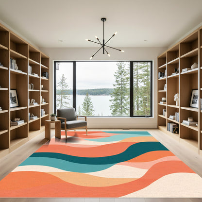 Coral Teal Swirl Curve Landscape Rug