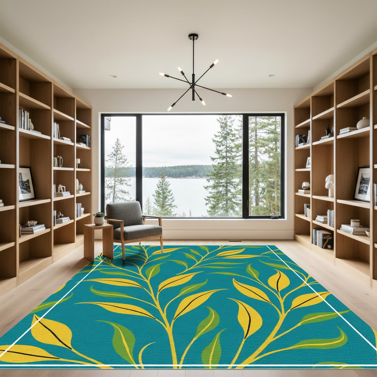 Teal Yellow Botanical Branching Foliage Rug