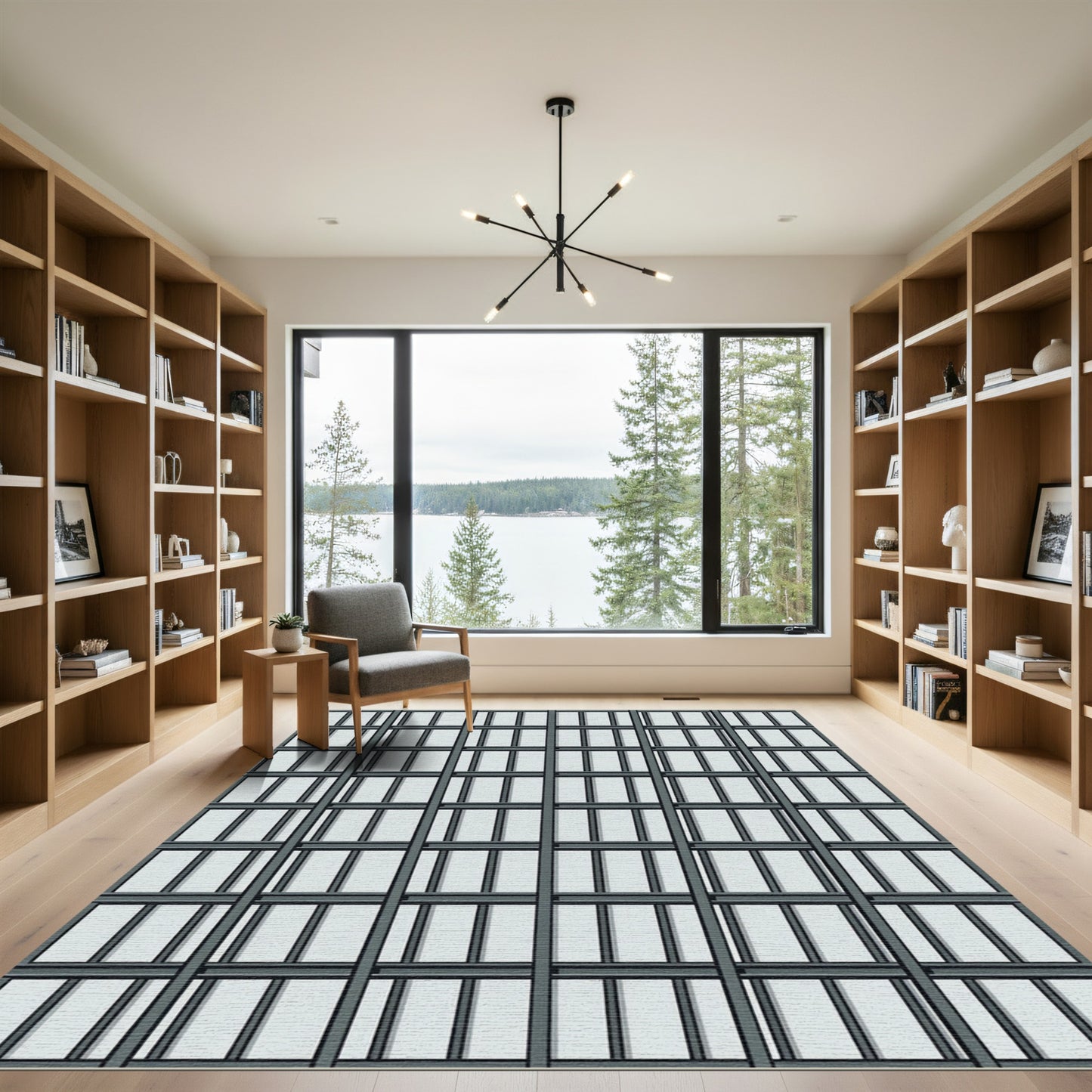 Contemporary Charcoal Grid Linear Structure Rug