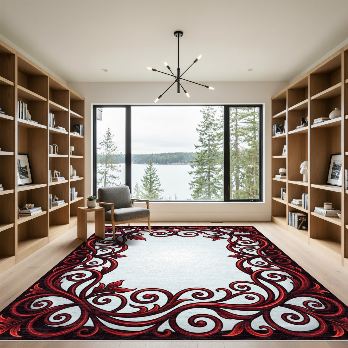 Deep Red Victorian Scroll Border Rug