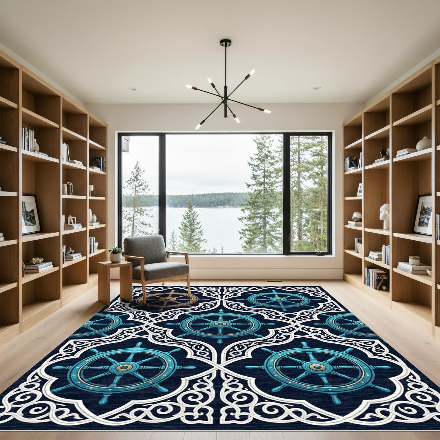 Nautical Teal and Gold Helm Lattice Rug