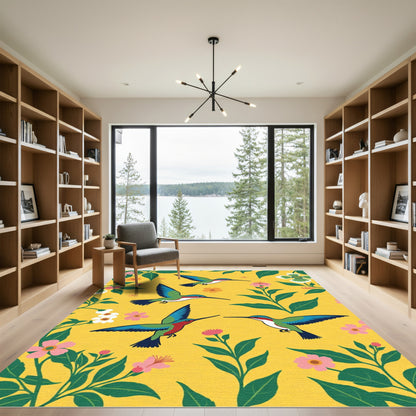 Bright Yellow Hummingbird Floral Garden Rug