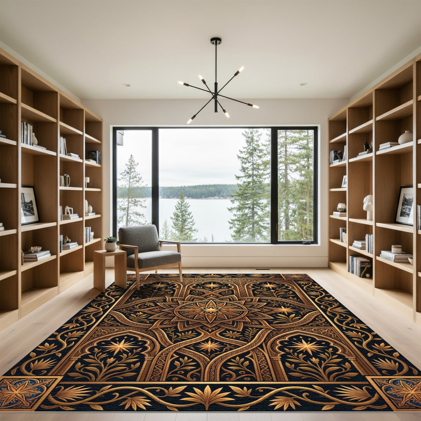 Golden Celestial Star Medallion Art Rug