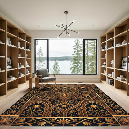 Golden Celestial Star Medallion Art Rug
