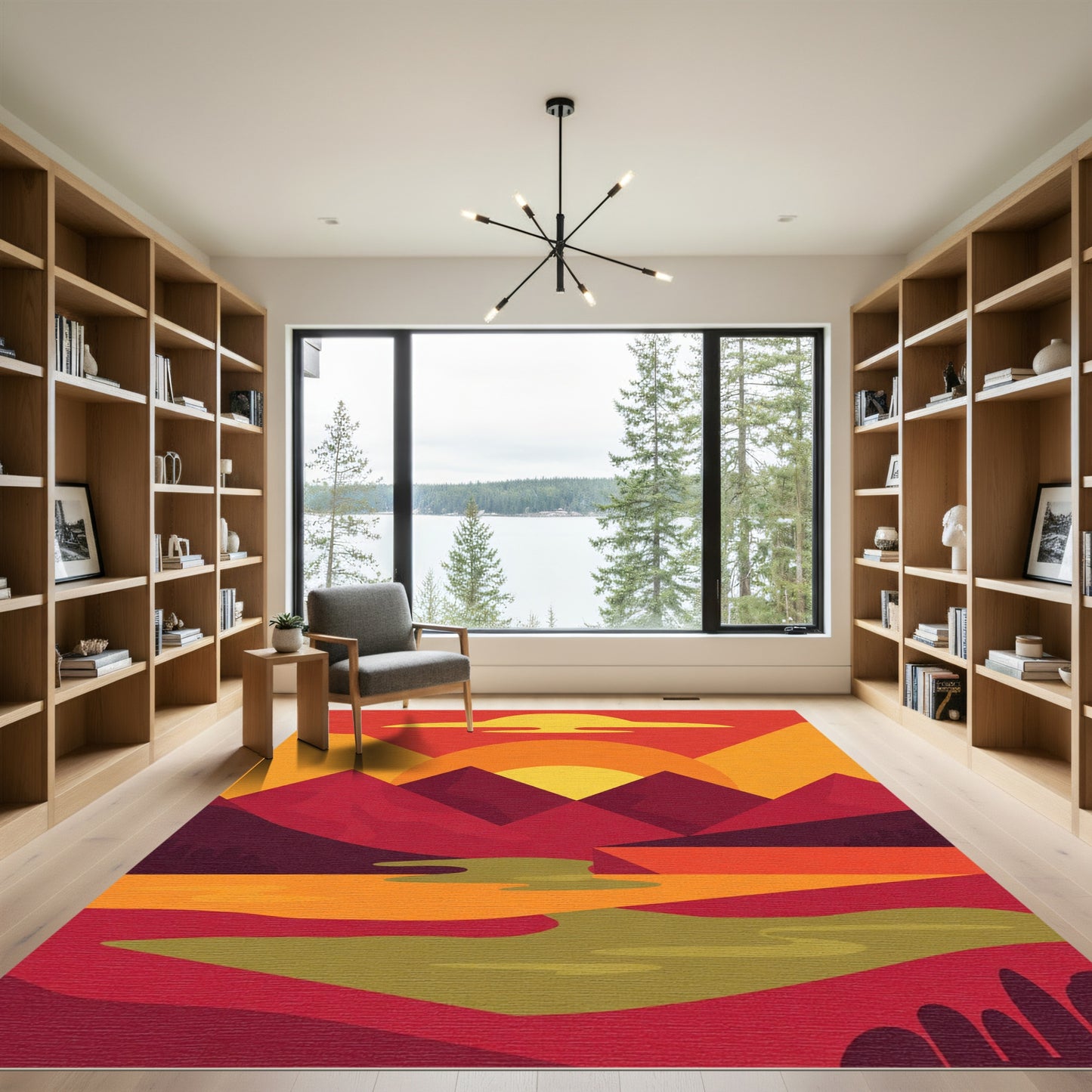 Crimson Sunset Abstract Mountain Landscape Rug