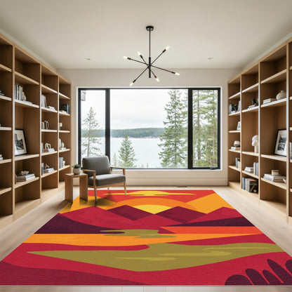 Crimson Sunset Abstract Mountain Landscape Rug