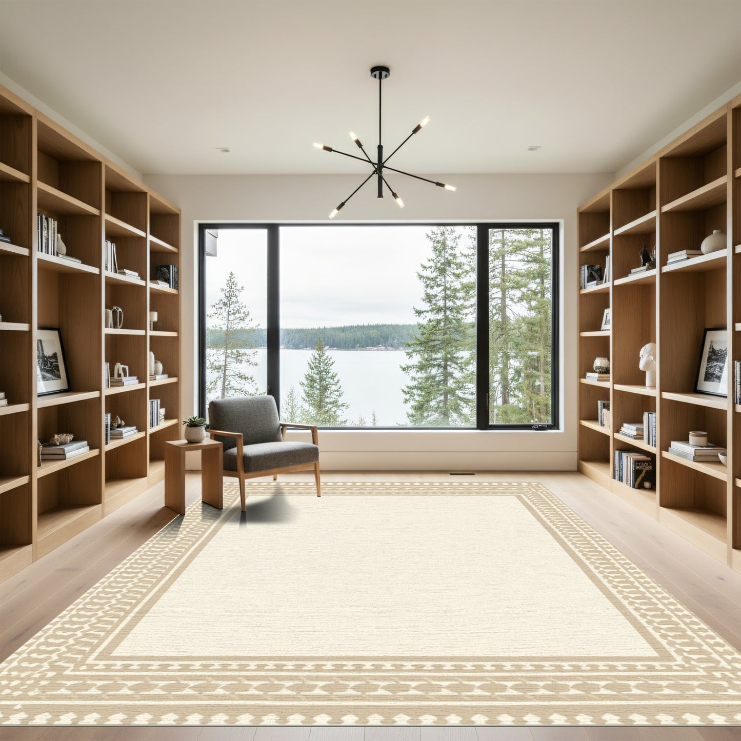 Neutral Tan Geometric Border Rug