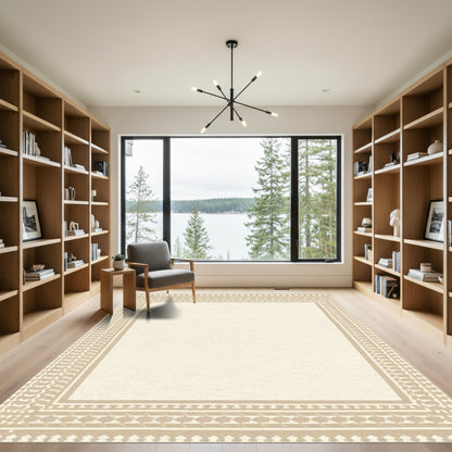 Neutral Tan Geometric Border Rug
