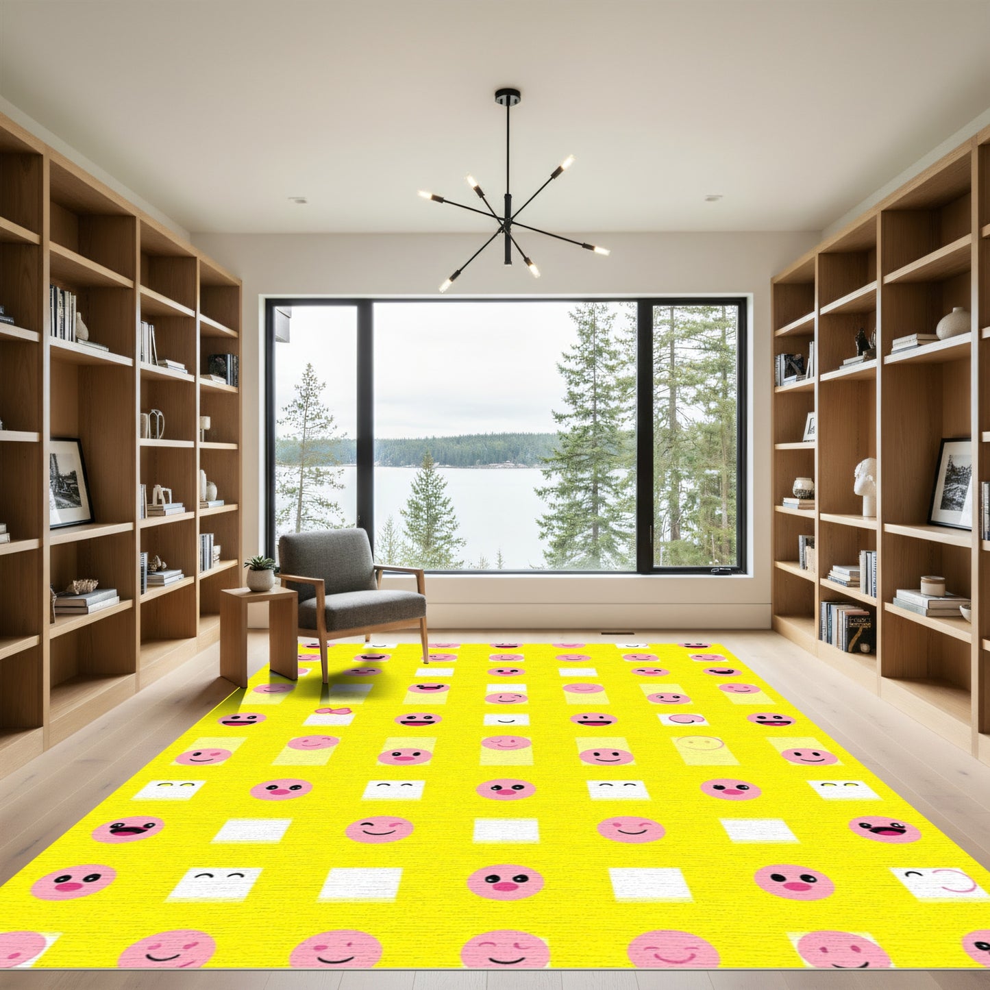 Whimsical Pink Smiley Faces Yellow Grid Rug