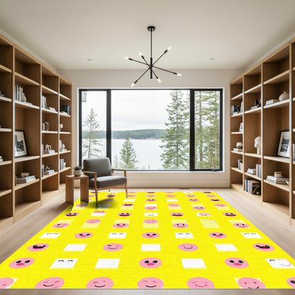 Whimsical Pink Smiley Faces Yellow Grid Rug