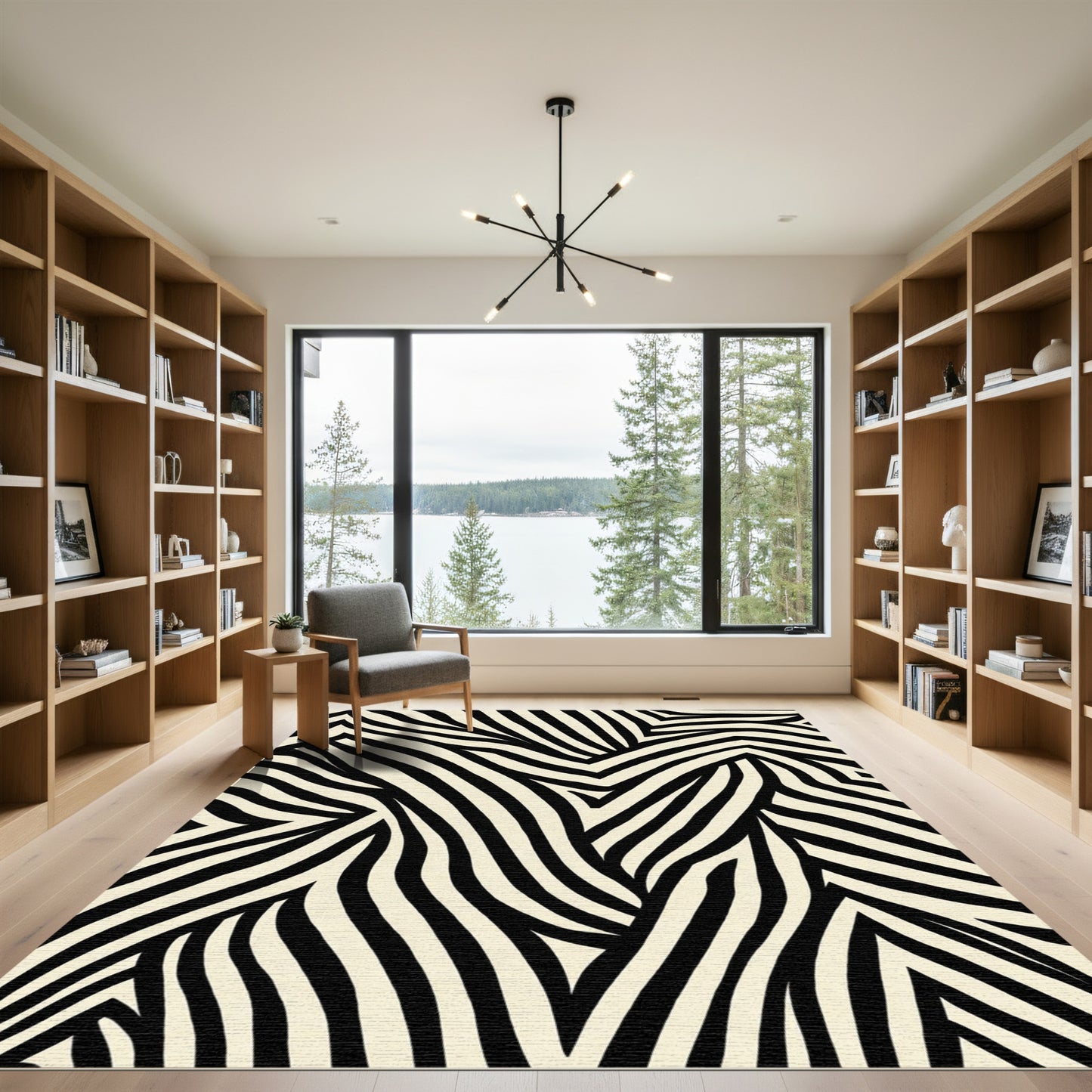 Cream Black Abstract Faux Zebra Strips Rug