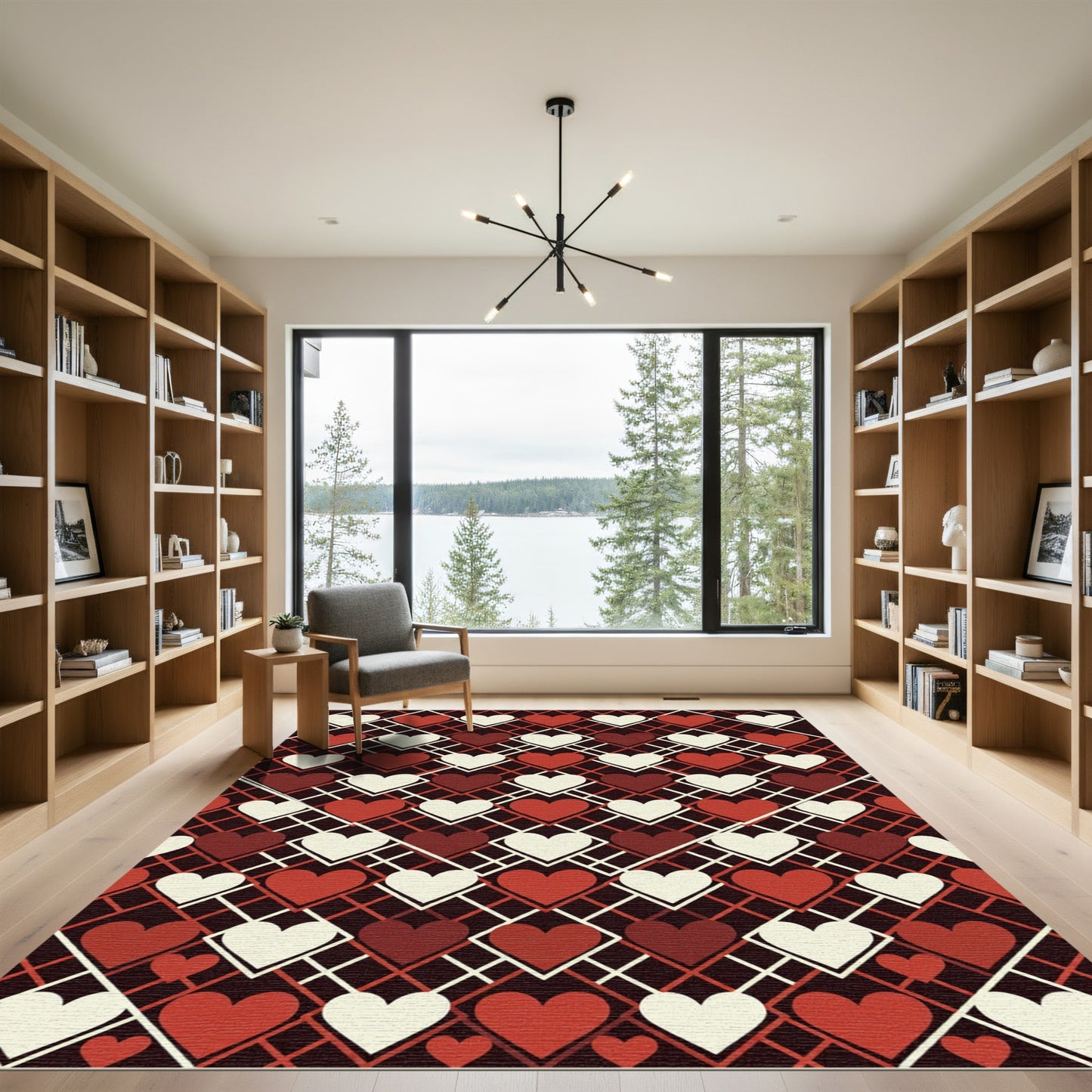 Red and Cream Geometric Heart Lattice Rug