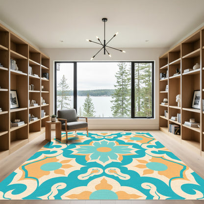 Turquoise Orange Floral Medallion Pattern Rug