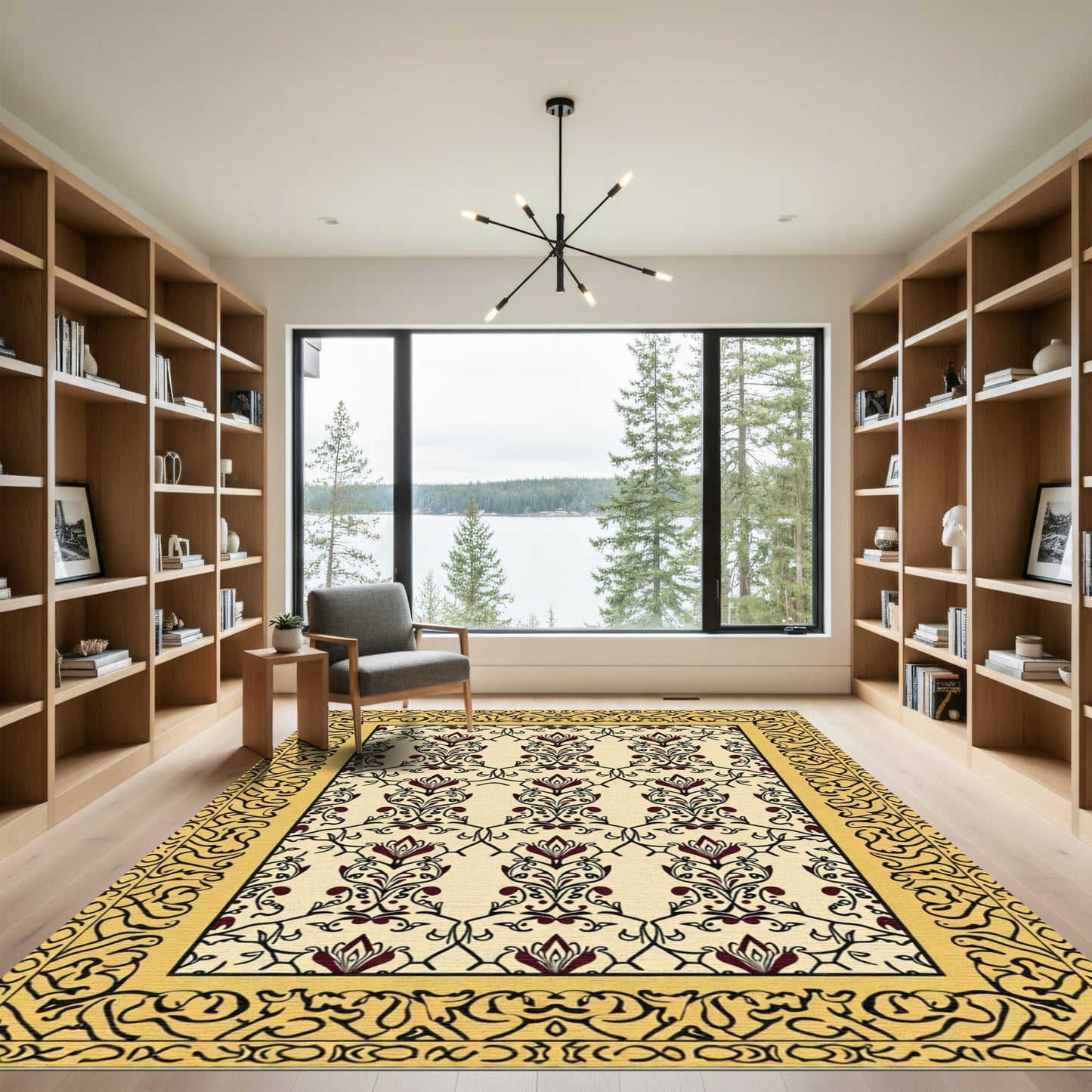 Rich Burgundy Floral Filigree Border Rug