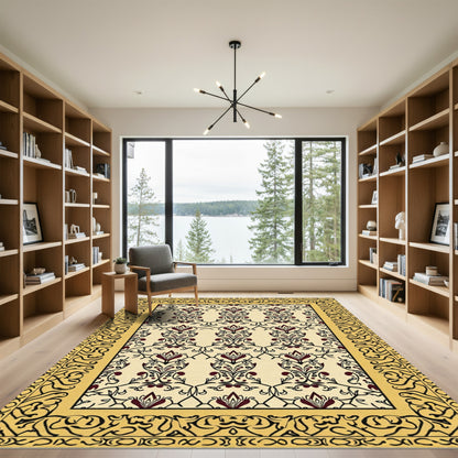 Rich Burgundy Floral Filigree Border Rug