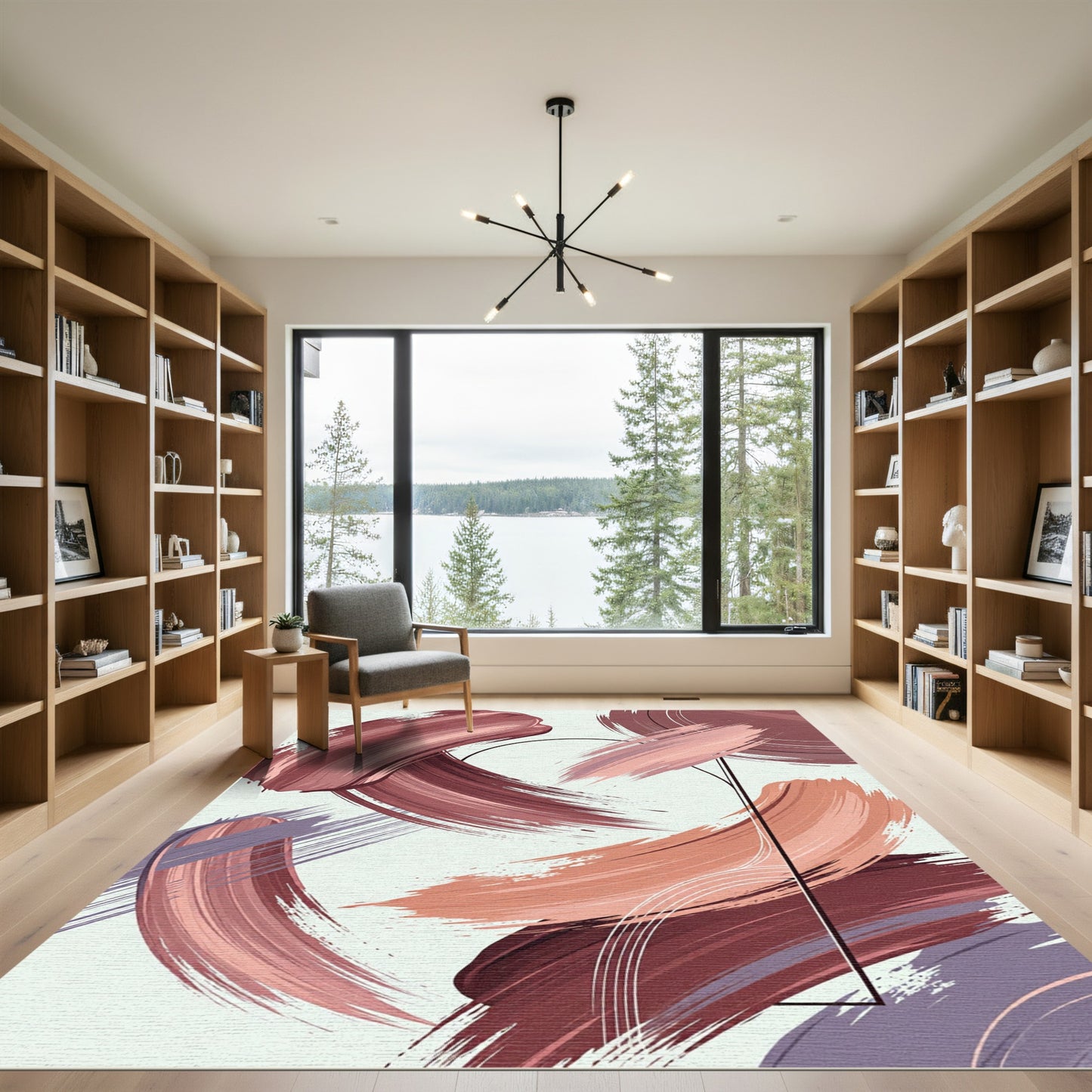 Modern Abstract Mauve Brushstroke Arc Rug