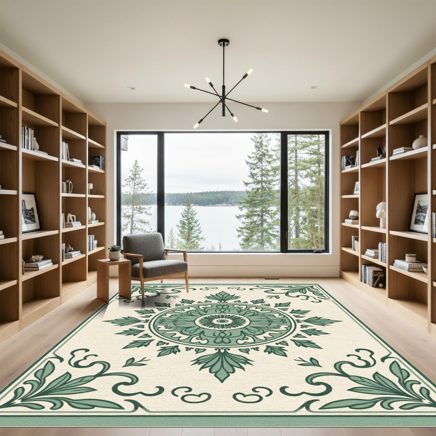 Sage Green Floral Medallion Arrangement Rug