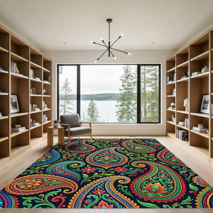 Vibrant Multicolored Floral Paisleys on Navy Rug