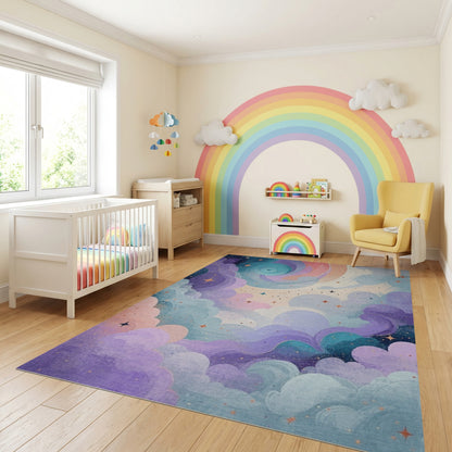 Purple Teal Swirling Stars Clouds Rug