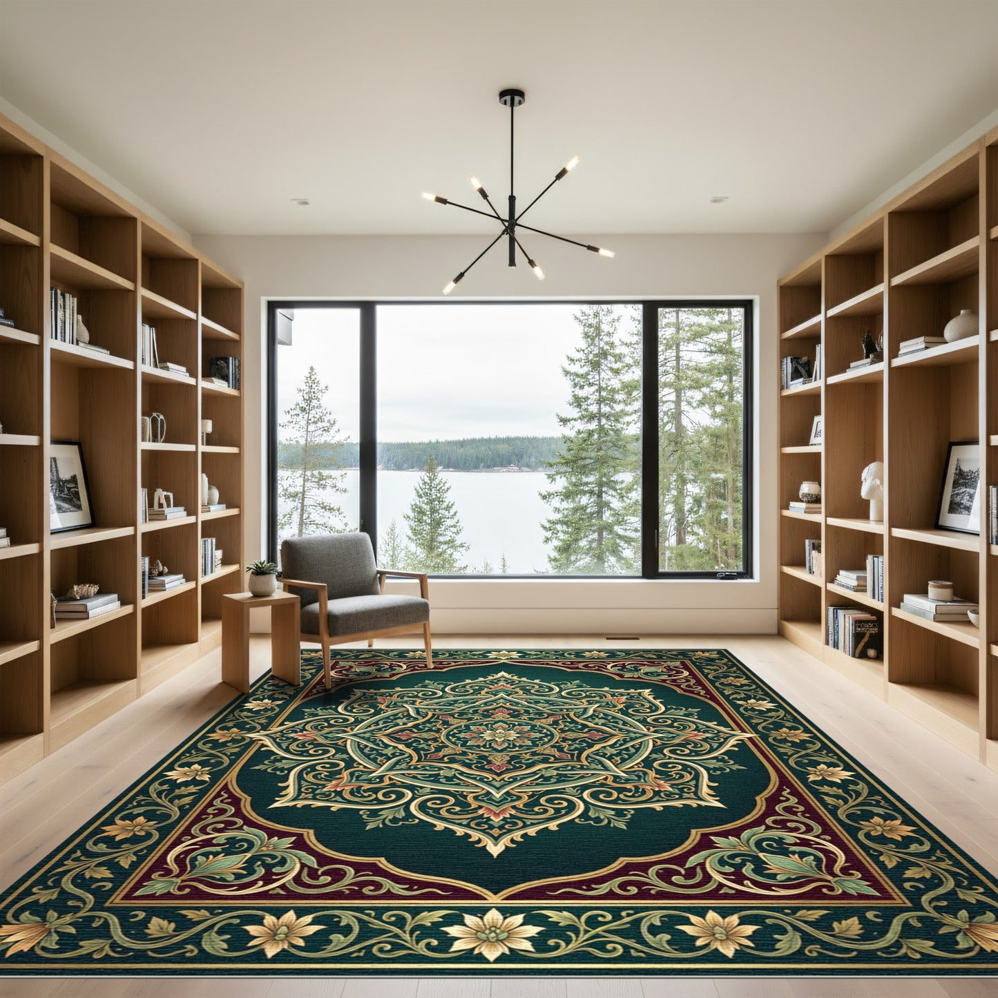 Ornate Emerald Golden Floral Medallion Rug