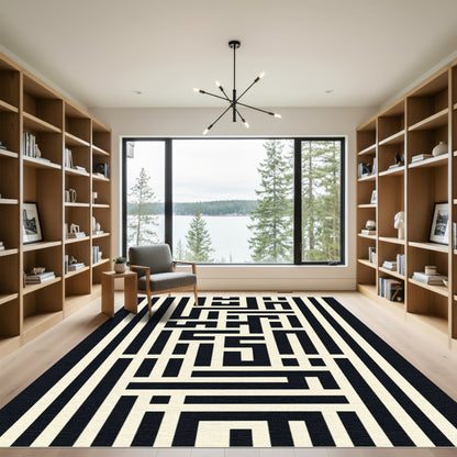 Modern Black Cream Geometric Maze Rug
