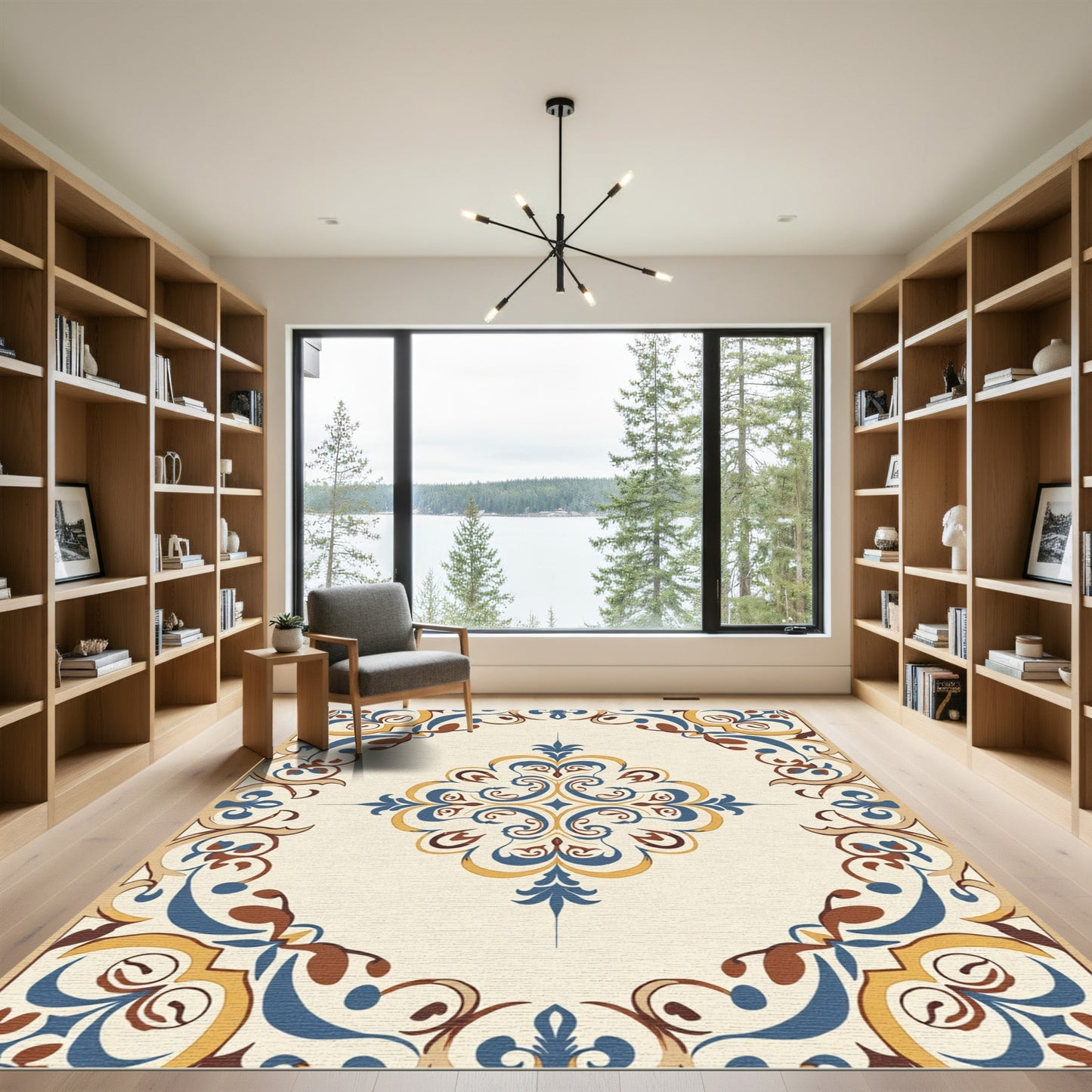 Cream Blue Gold Scroll Medallion Rug
