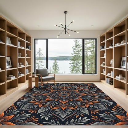 Dark Amber Gray Leaf Mandala Rug