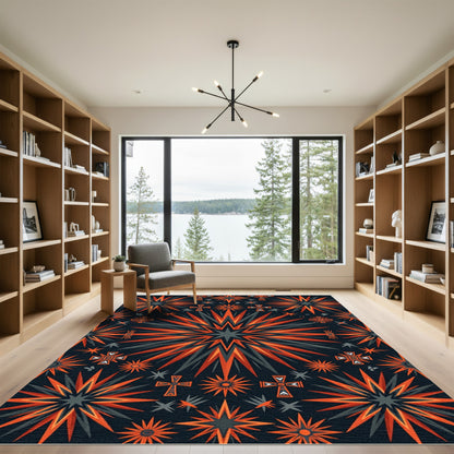 Geometric Charcoal and Burnt Orange Starburst Rug