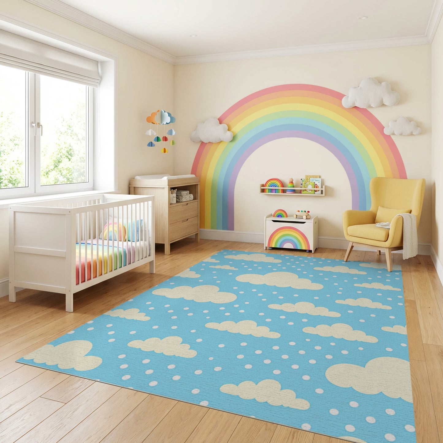 Whimsical Fluffy Clouds Blue Dots Rug