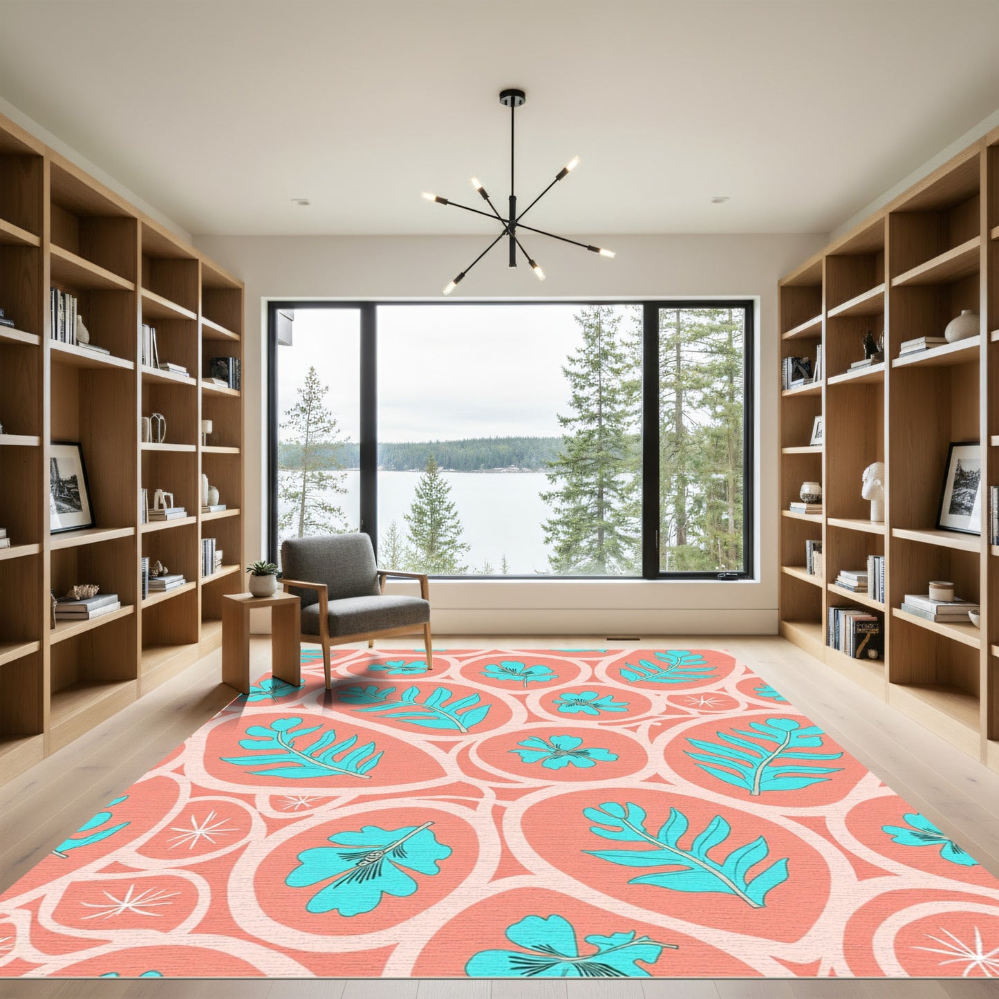Coral Turquoise Floral Foliage Mid Century Rug