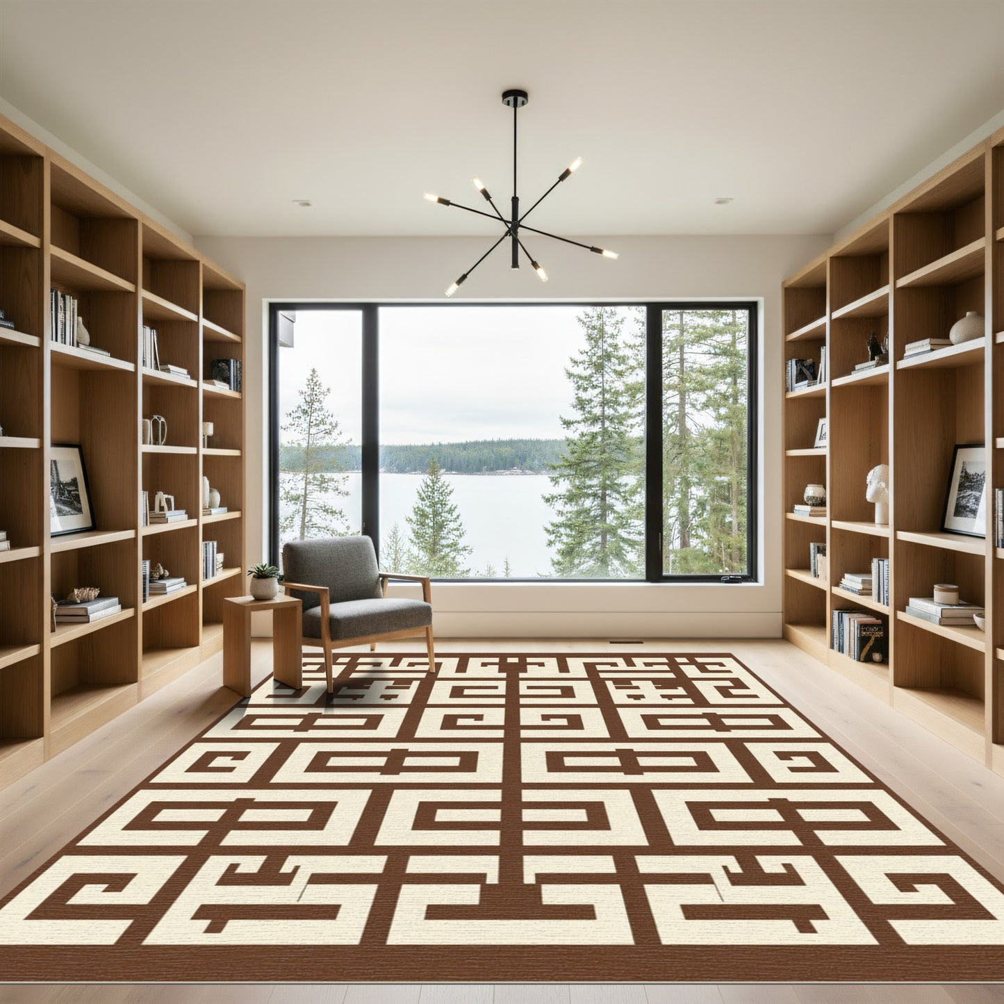 Brown Beige Geometric Labyrinth Medallion Rug