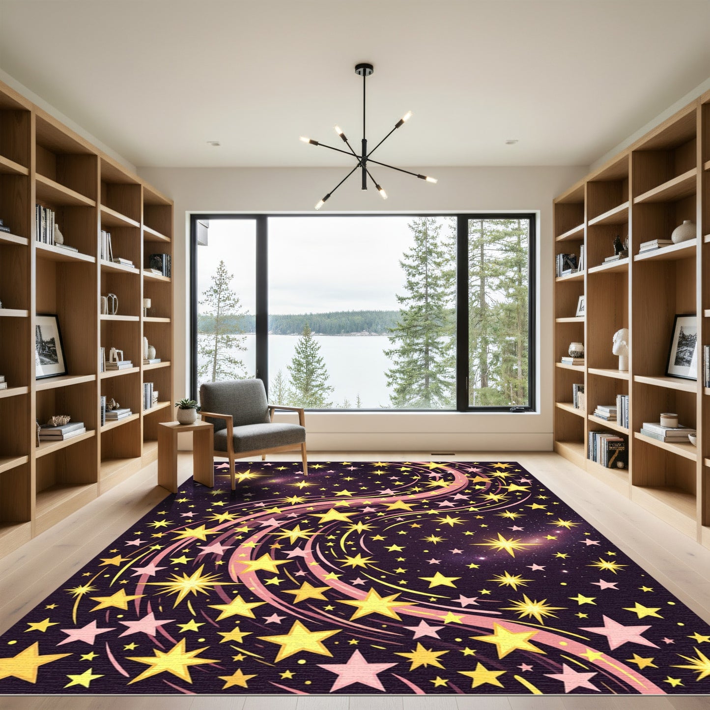 Whimsical Dark Purple Golden Starry Sky Rug