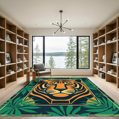 Bold Orange Tiger Tropical Leaves Rug