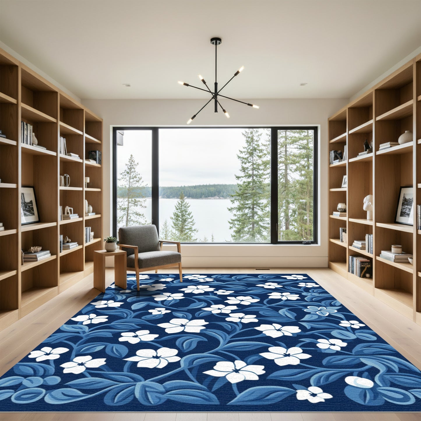 Midnight Blue White Floral Vines Rug