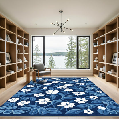 Midnight Blue White Floral Vines Rug