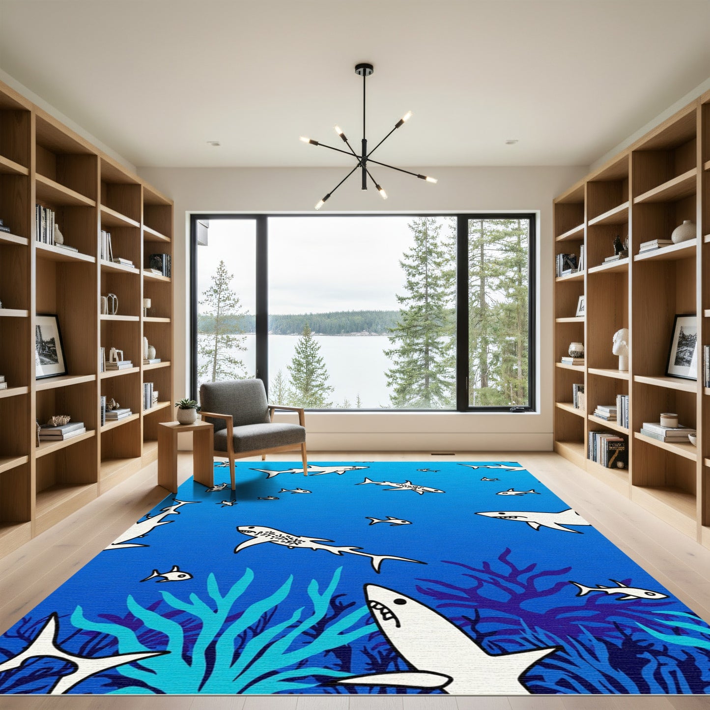 White Sharks Amidst Blue Coral Rug