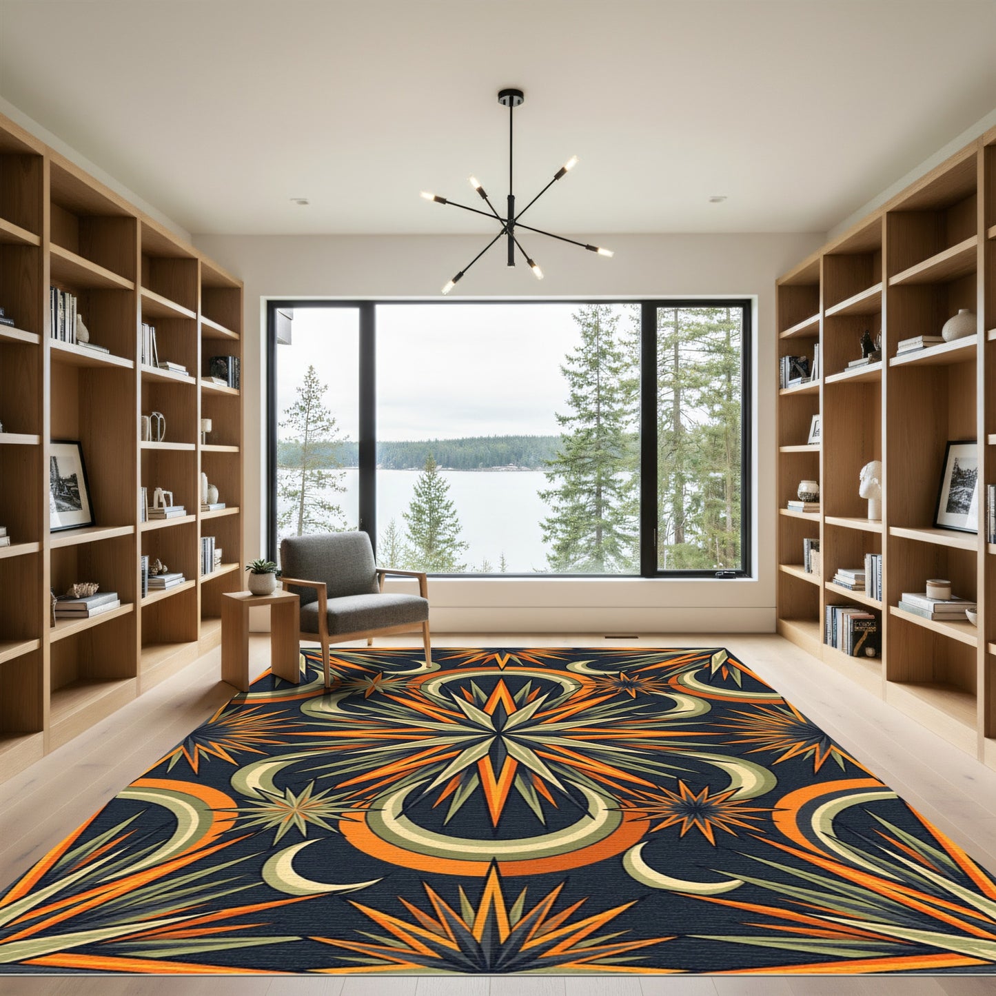 Celestial Orange Star and Moon Art Rug