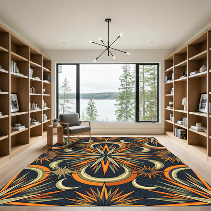 Celestial Orange Star and Moon Art Rug