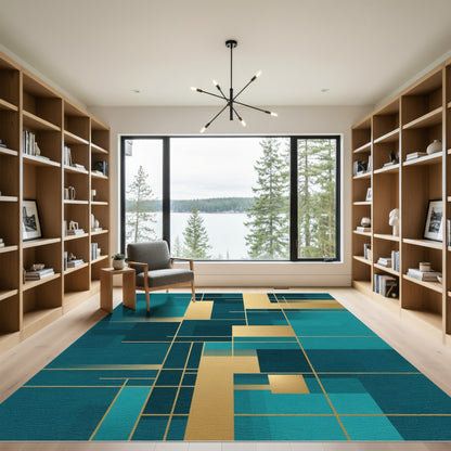 Teal Gold Geometric Layered Rectangles Rug
