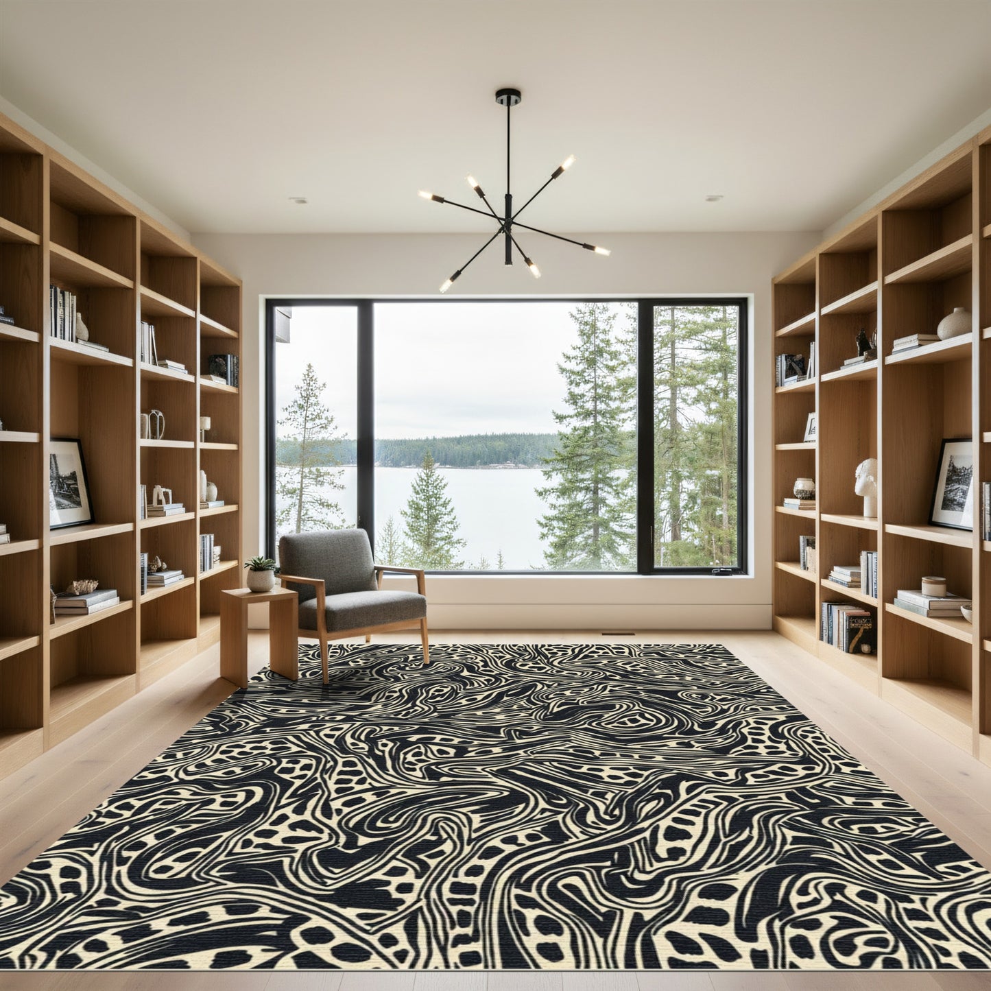 Black Cream Fluid Swirls Rug