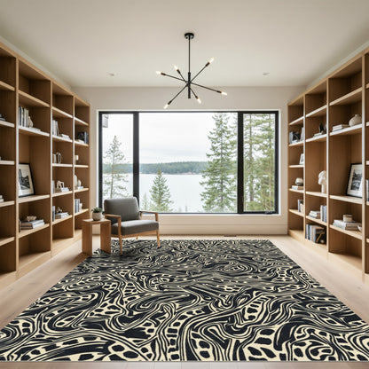 Black Cream Fluid Swirls Rug
