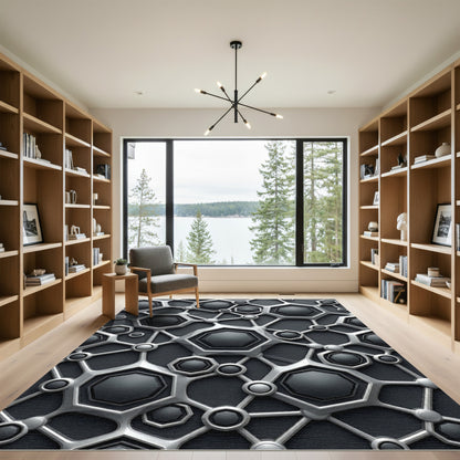 Metallic Silver Geometric Hexagon Grid Rug