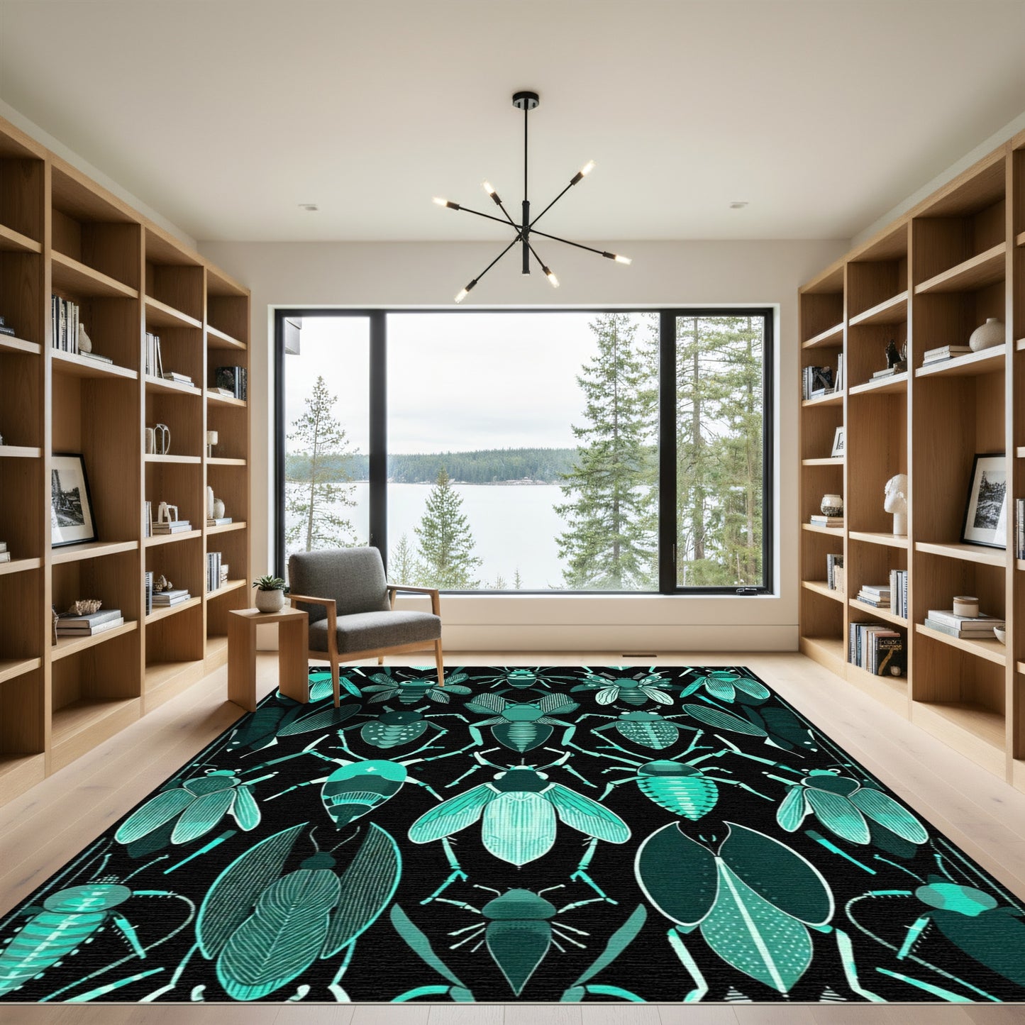 Teal Insect Collage Black Background Rug