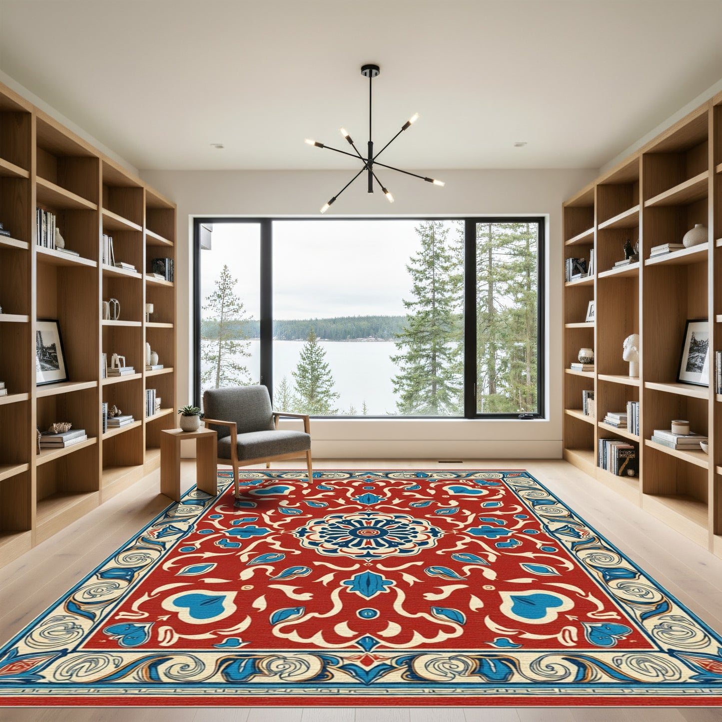 Crimson Blue Floral Medallion Border Rug