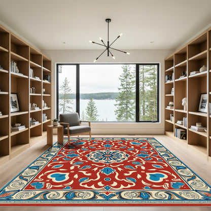 Crimson Blue Floral Medallion Border Rug