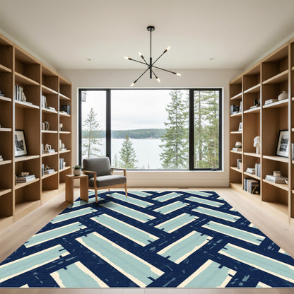 Navy Blue Light Blue Herringbone Weave Rug